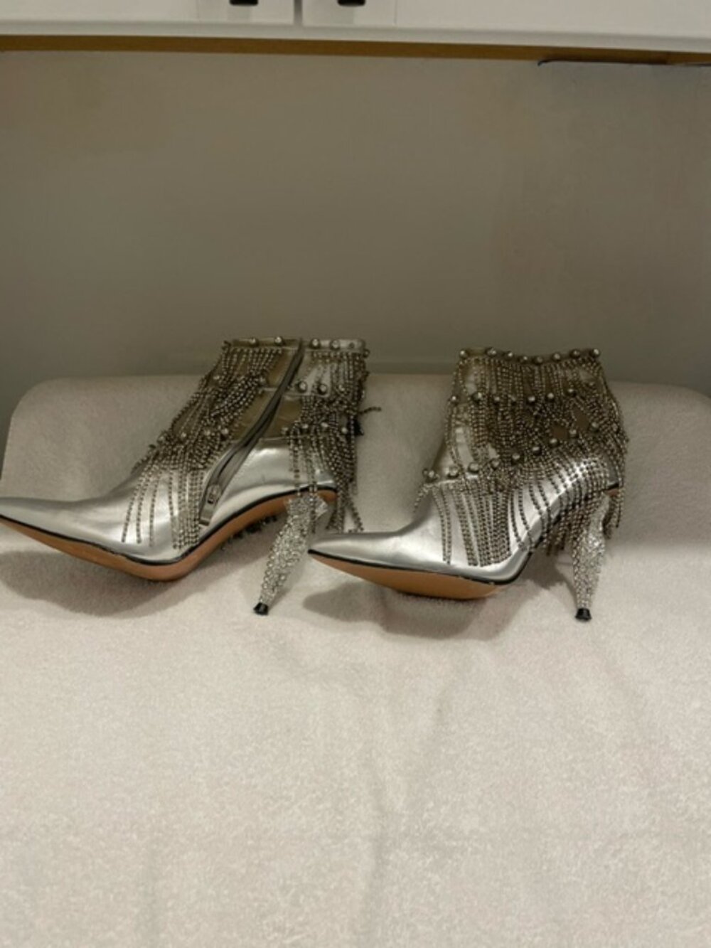 azalea wang jamila dripping diamonds boots 6.5 metallic silver with rhinestones